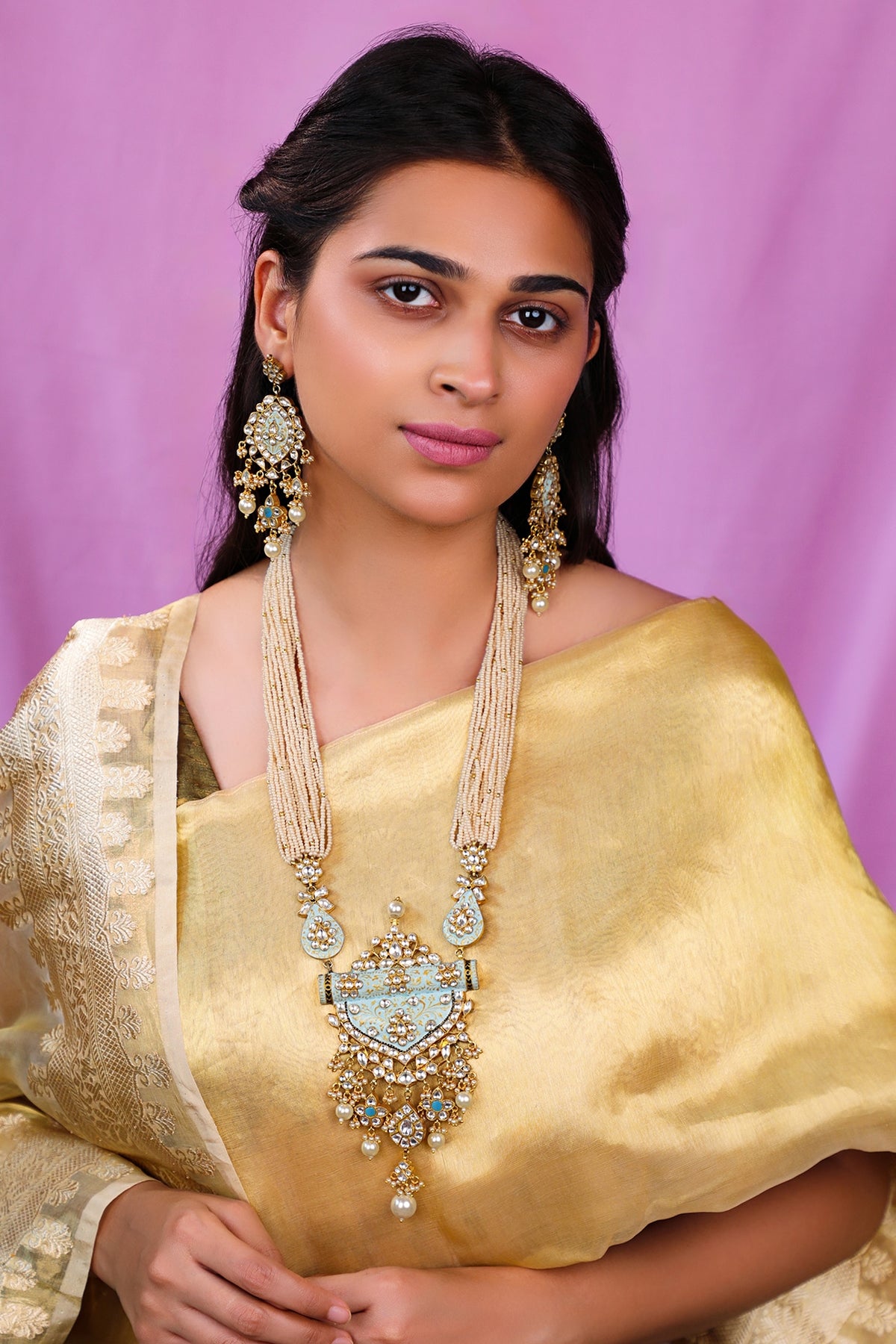 Matte Gold Plated Firozi Blue Meenakari Pendant Necklace Set