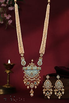 Matte Gold Plated Firozi Blue Meenakari Pendant Necklace Set