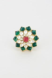Gold Plated Green Jadtar Stone Floral Ring