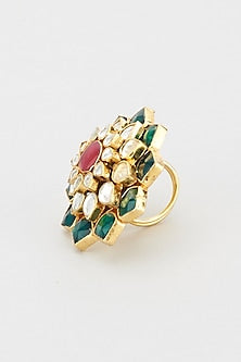 Gold Plated Green Jadtar Stone Floral Ring