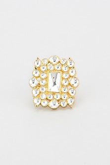 Gold Plated Jadtar Stone Square Ring
