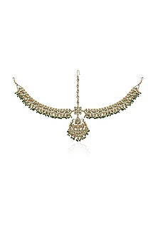 Gold Plated Matha Patti With Sea Green Hangings