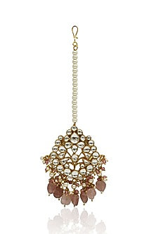 Gold Plated Pink Jadtar Beaded Maang Tikka
