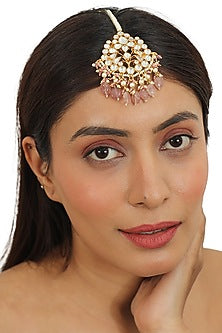 Gold Plated Pink Jadtar Beaded Maang Tikka