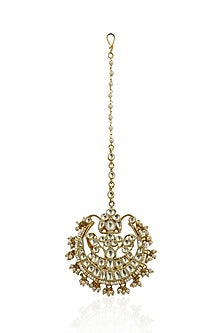 Gold Plated Maang Tikka With White Jadtar Stones