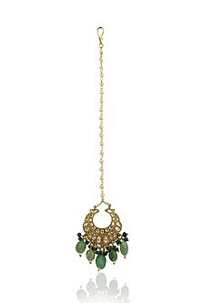 Gold Plated Sea Green Jadtar Beaded Maang Tikka