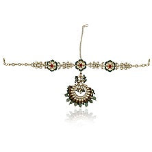Gold Plated Pink & Emerald Jadtar Beaded Mathapatti