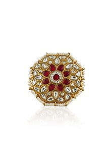 Gold Plated Pink & White Jadtar Stones Ring