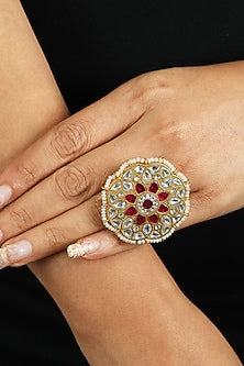 Gold Plated Pink & White Jadtar Stones Ring