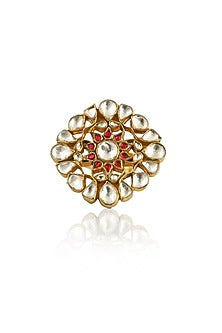 Gold Plated Red & White Jadtar Stones Ring