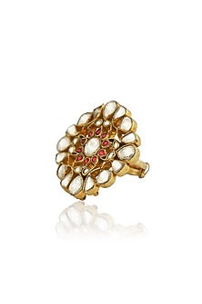 Gold Plated Red & White Jadtar Stones Ring