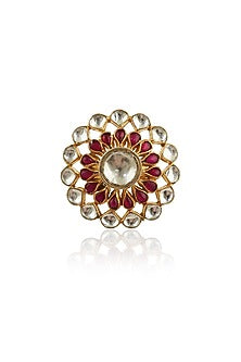 Gold Plated Ring With Pink & White Jadtar Stones
