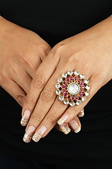 Gold Plated Ring With Pink & White Jadtar Stones