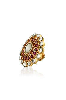 Gold Plated Ring With Pink & White Jadtar Stones