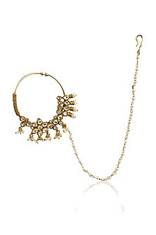 Gold Plated White Jadtar Stones Floral Nath