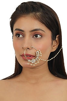 Gold Plated White Jadtar Stones Floral Nath