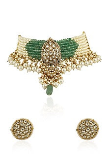 Gold Plated White Jadtar Stones & Pearls Necklace Set