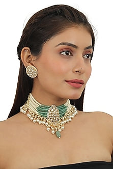 Gold Plated White Jadtar Stones & Pearls Necklace Set