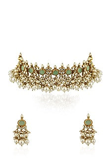 Gold Plated Light Green Jadtar Choker Necklace Set