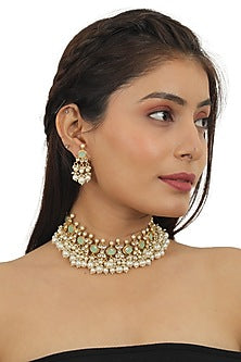 Gold Plated Light Green Jadtar Choker Necklace Set