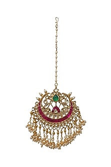 Gold Plated Pink & Green Jadtar Stone Maangtikka