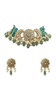 Gold Plated White & Sea Green Jadtar Stone Choker Necklace Set