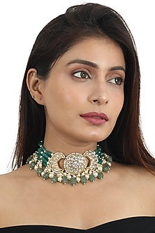 Gold Plated White & Sea Green Jadtar Stone Choker Necklace Set