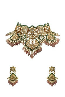 Gold Plated Pastel Pink Beaded Necklace Set