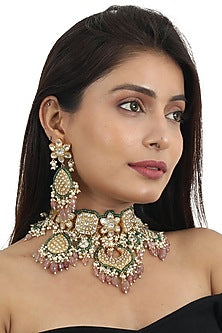 Gold Plated Pastel Pink Beaded Necklace Set