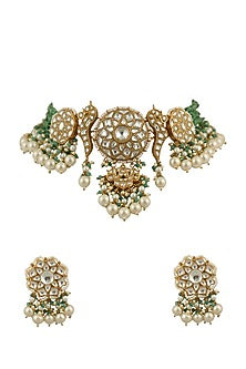 Gold Plated White & Light Green Jadtar Stone Choker Necklace Set