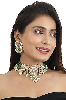 Gold Plated White & Light Green Jadtar Stone Choker Necklace Set