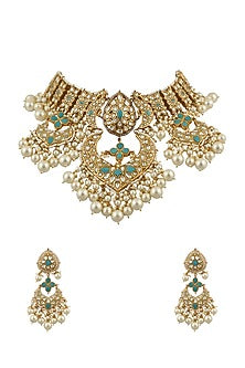 Gold Plated White & Firozi Jadtar Stone Necklace Set