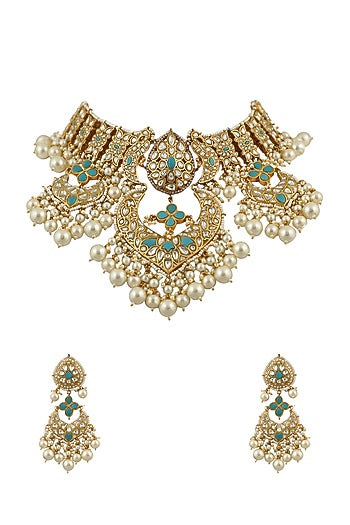 Gold Plated White & Firozi Jadtar Stone Necklace Set