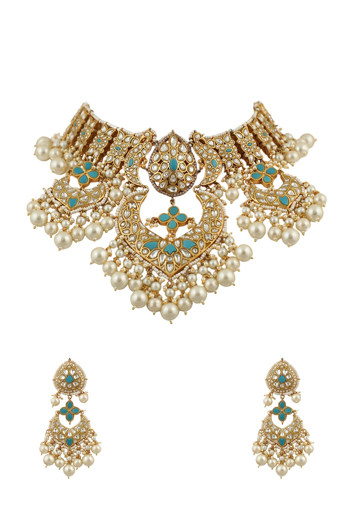 Gold Plated White & Firozi Jadtar Stone Necklace Set