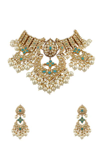 Gold Plated White & Firozi Jadtar Stone Necklace Set