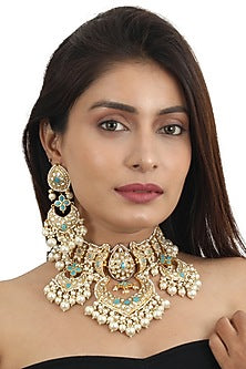 Gold Plated White & Firozi Jadtar Stone Necklace Set