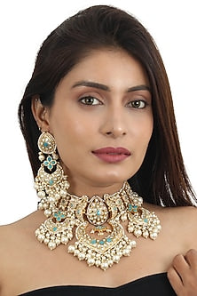Gold Plated White & Firozi Jadtar Stone Necklace Set