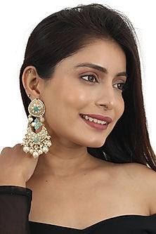Gold Plated White & Firozi Jadtar Stone Necklace Set