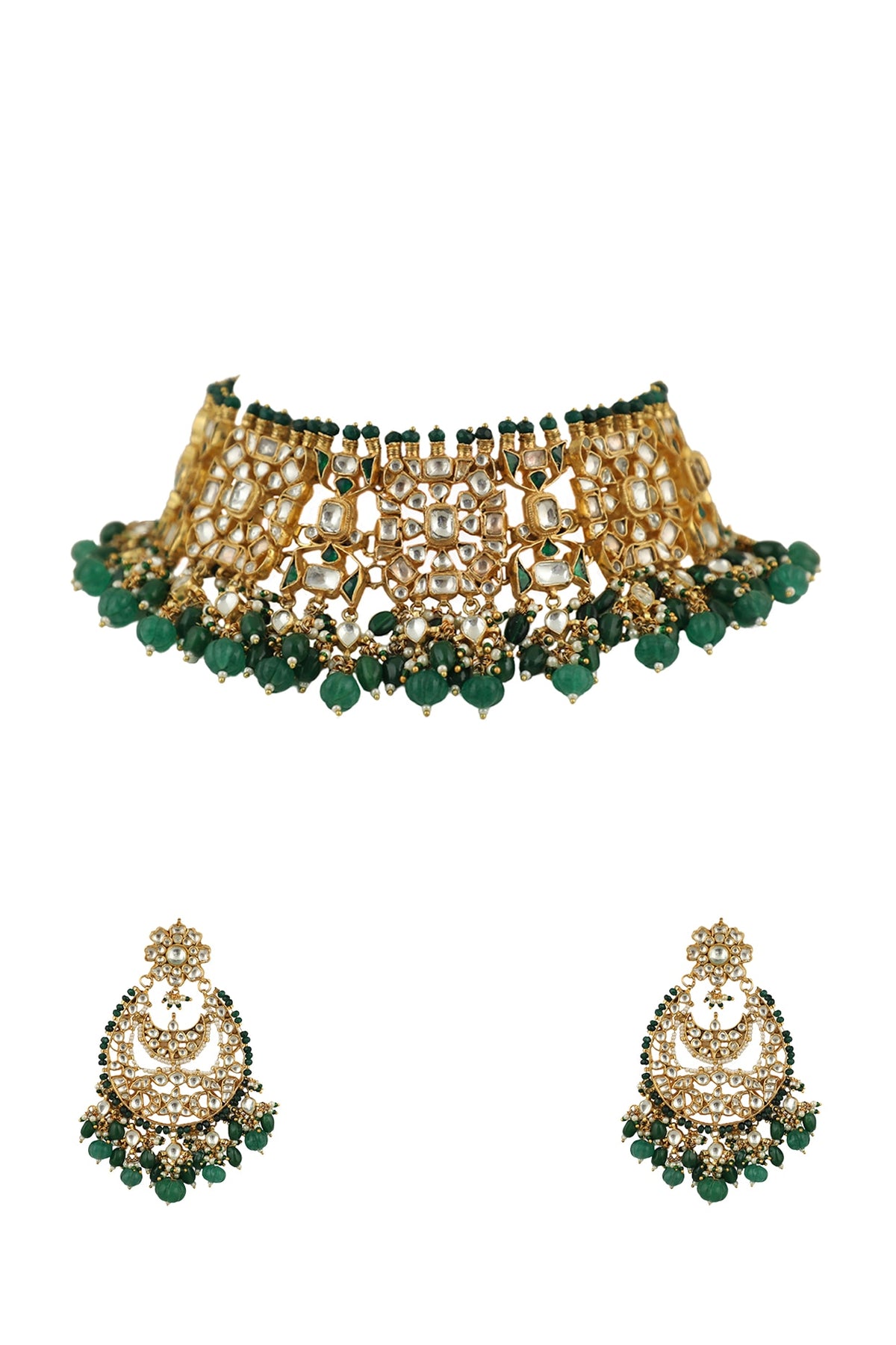 Gold Plated White Jadtar Stone Choker Necklace Set