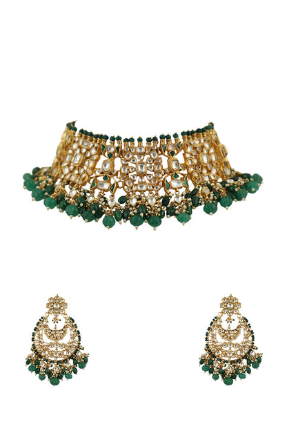Gold Plated White Jadtar Stone Choker Necklace Set