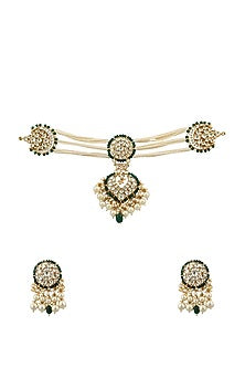 Gold Plated White & Green Jadtar Stone Choker Necklace Set