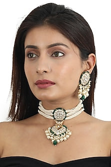 Gold Plated White & Green Jadtar Stone Choker Necklace Set