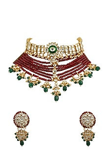 Gold Plated Red Beaded Choker Necklace Set