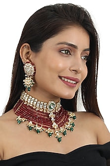 Gold Plated Red Beaded Choker Necklace Set