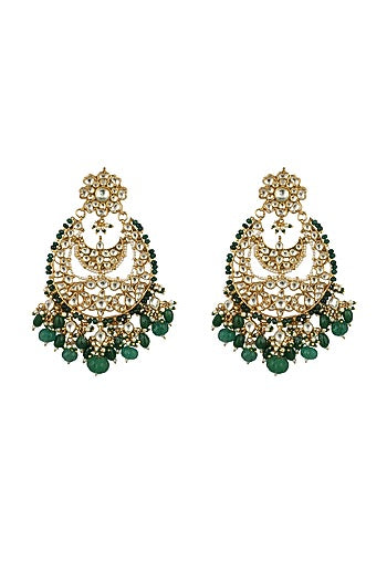 Gold Plated Green Beaded Chandbaali Earrings