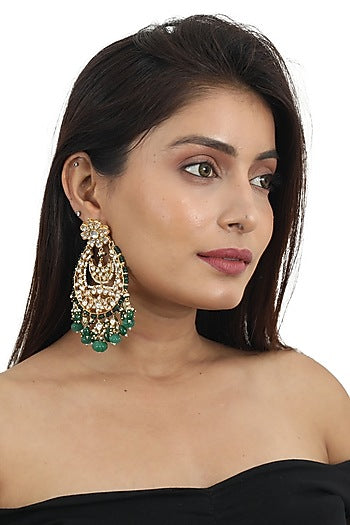 Gold Plated Green Beaded Chandbaali Earrings
