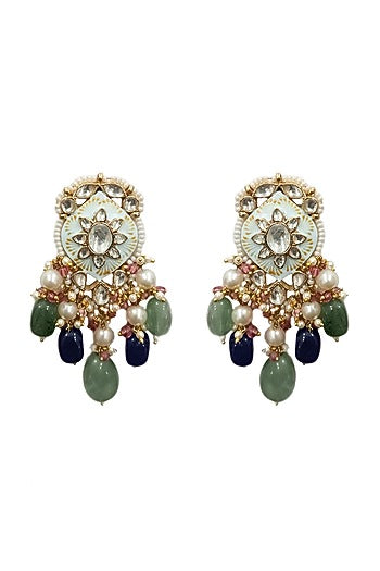 Gold Plated Blue Beaded Meenakari Dangler Earrings
