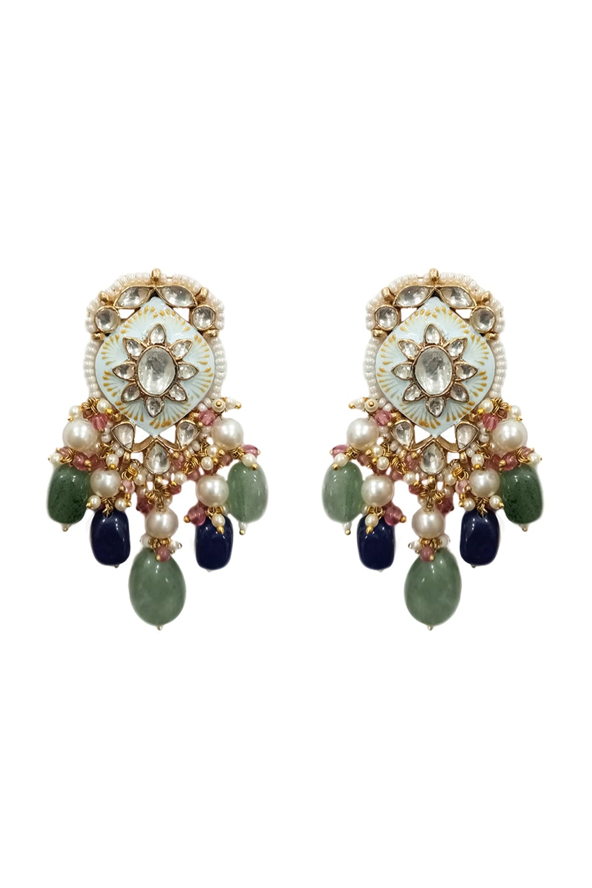 Gold Plated Blue Beaded Meenakari Dangler Earrings
