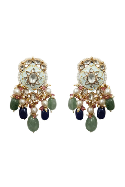 Gold Plated Blue Beaded Meenakari Dangler Earrings