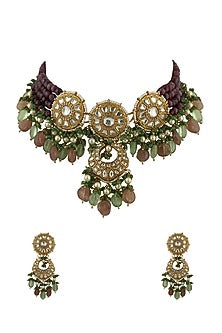 Gold Plated Purple Moti Choker Necklace Set